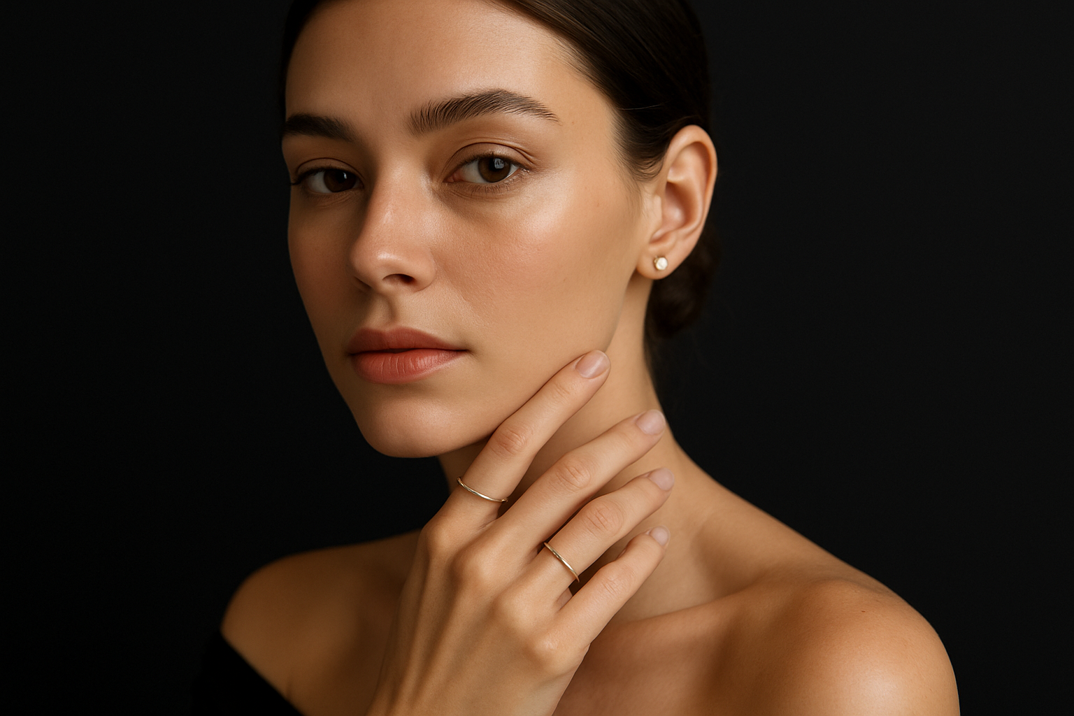 aqui una foto de una modelo en fondo negro msotranof aretes básicos solo cara con aretes y anillos de diario básicos y bonito
