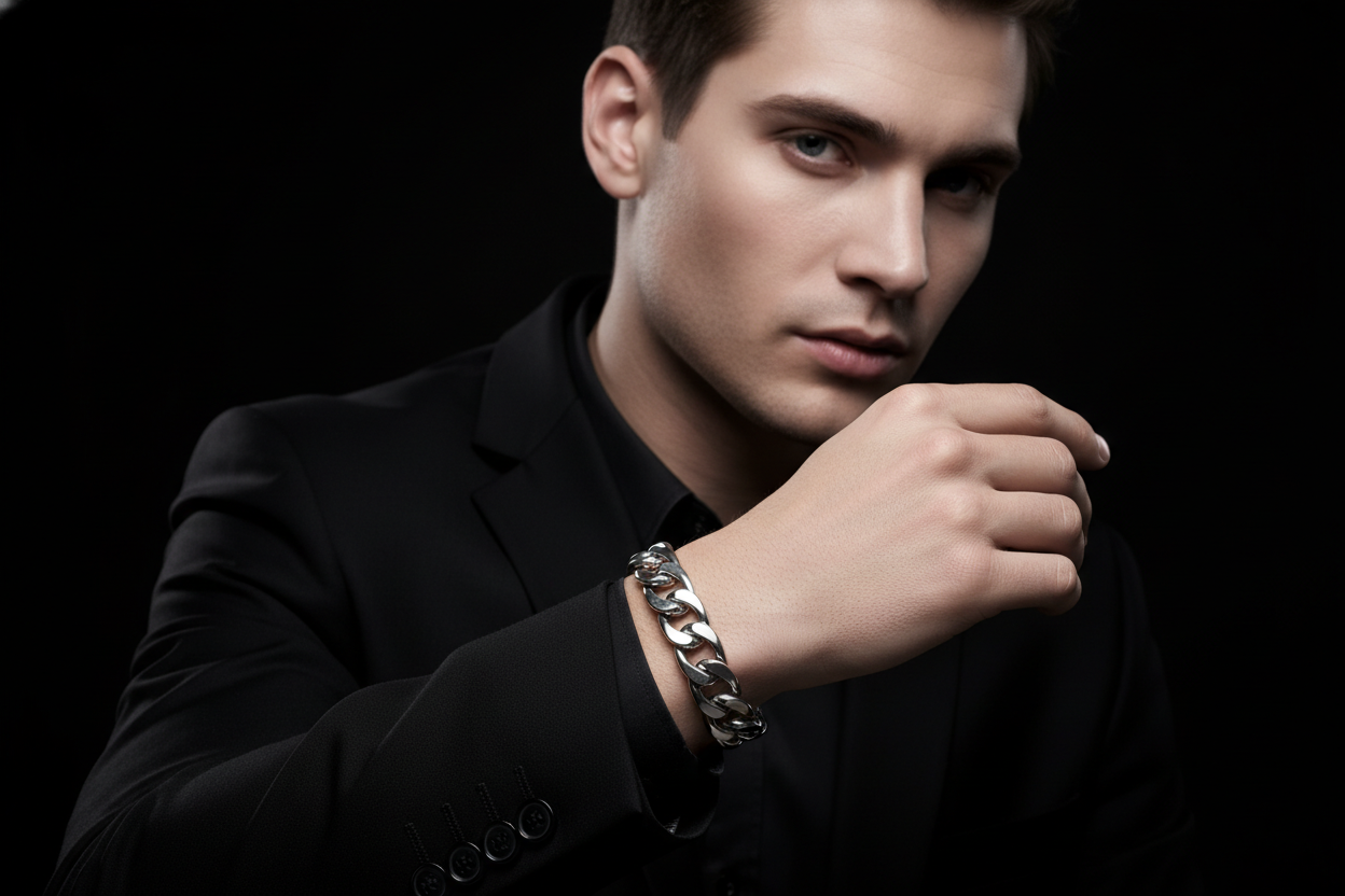 AYDUAME A generar una foto con fondo negro de un chico con joyas para hombre una pulsera plateada o dorada, algo para mi foto de una espacio de pagina de inicio de mi web