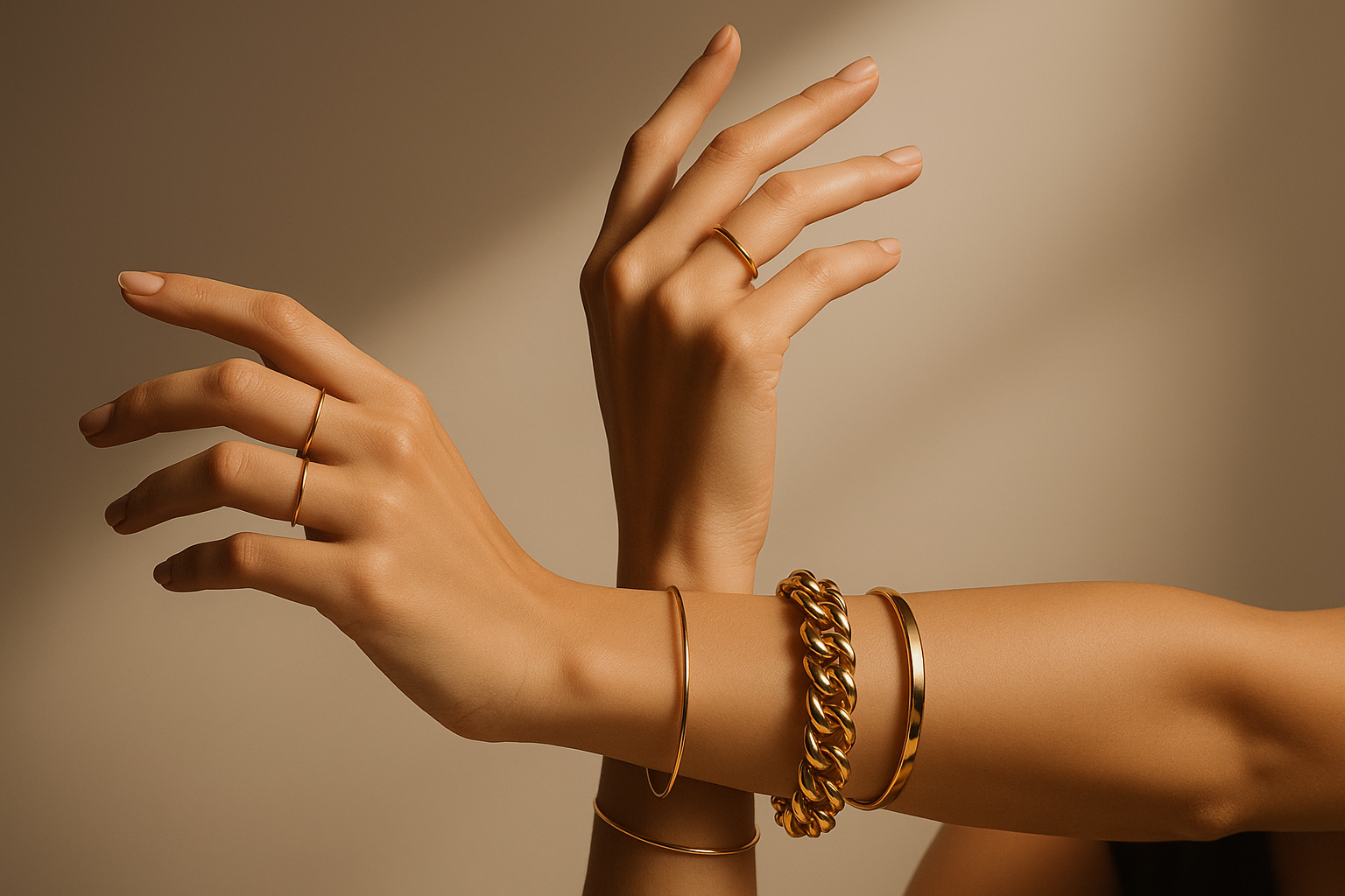 Ayudame a crear un foto profesional para mi banner de mi web de joyería, la paleta de colores f3ece3 y fbe7e4 que el fondo sea el primero pero que sea un poco con traparecian oscura, la foto la quiero de joyeria, o de manos con pulseras, pero una foto profesional la medida del base es de 3200 x 1200, pulseras y algunos anillo minimalistas pulseras mas llamativas, y doradas