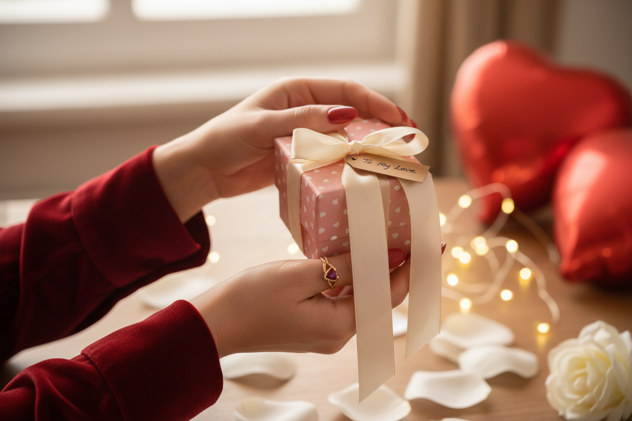 ayudame a generar una imagen para mi banner, para mi marca de joyeria, una modelo pcon joyas pero algo relacionado a san Valentin. con ropa roja, algo como regalo de san Valentin algo no tan sofisticado, unas manos con anillo con un regalo de san valenin una cajita