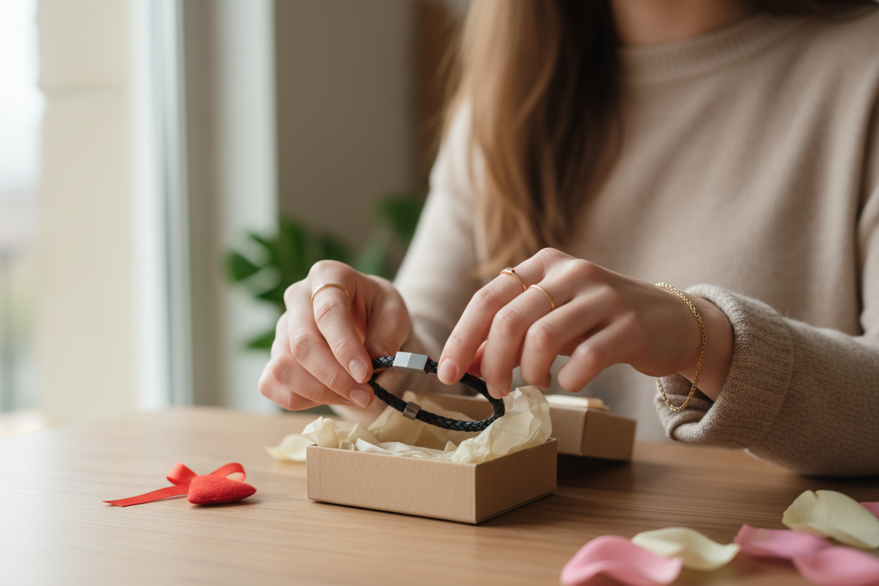 Fotografía lifestyle para una tienda de joyería, campaña de San Valentín. Mujer joven usando joyas minimalistas doradas (anillos, collar o pulsera), vestimenta casual en tonos claros, ambiente interior con luz natural. Estética emocional y real, sin poses forzadas. La imagen debe transmitir una mujer hacienod un detalle de una valentón un regalo para su pareja, cercano y cotidiano, no demasiado premium.no quiero que se vean las caras solamente manos, que este empácanos una joya de hombre,