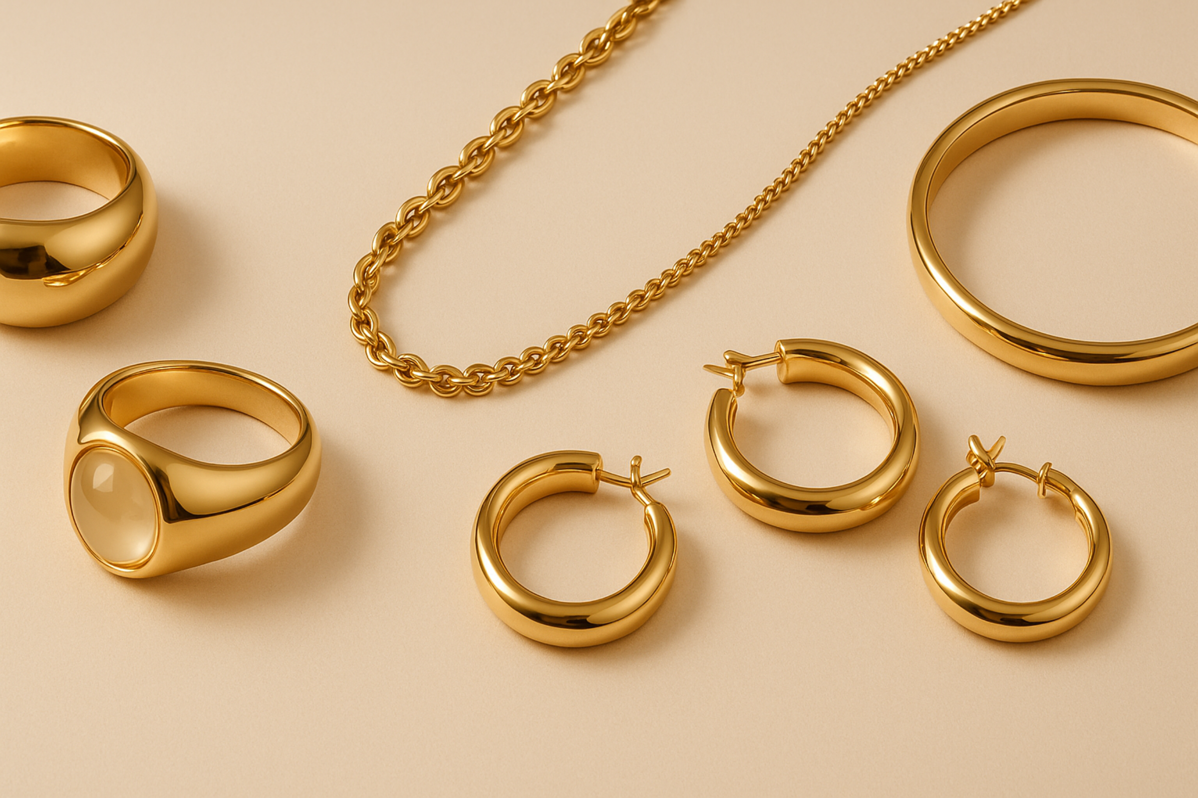 ayúdeme a crear una foto de 3200 x 1200 px, de joyeria con tonos beige, y balaros algo limpio, donde se vea joyeria dorada y alta calidad es para mi benner principal 